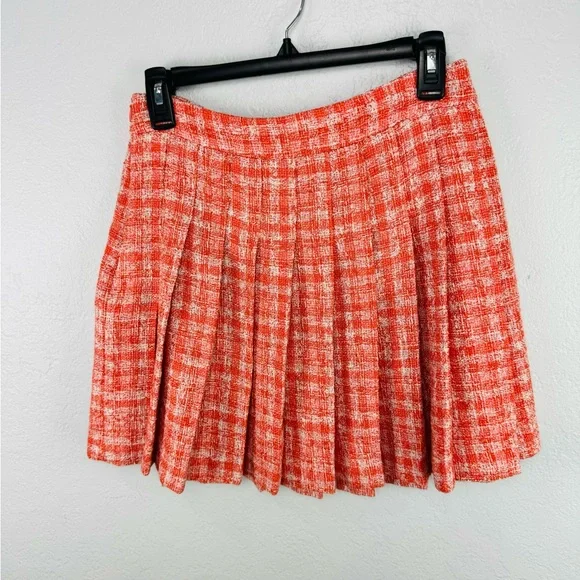 ZARA Tweed Pleated Mini Skirt Orange Plaid Print Size Small